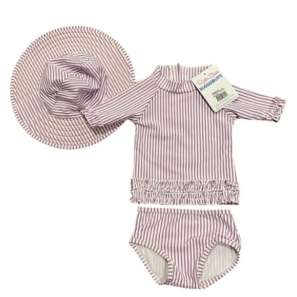 Ruffle Butts Other - Ruffle Butts 3 piece Purple & White Seersucker Swimsuit & Hat - New!